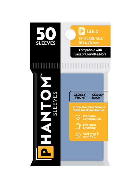 10 Packs Phantom Sleeves: "Gold Size" (50mm x 75mm) - Gloss Gloss (50) (Compatible with: Sails of Glory and More) Display Case