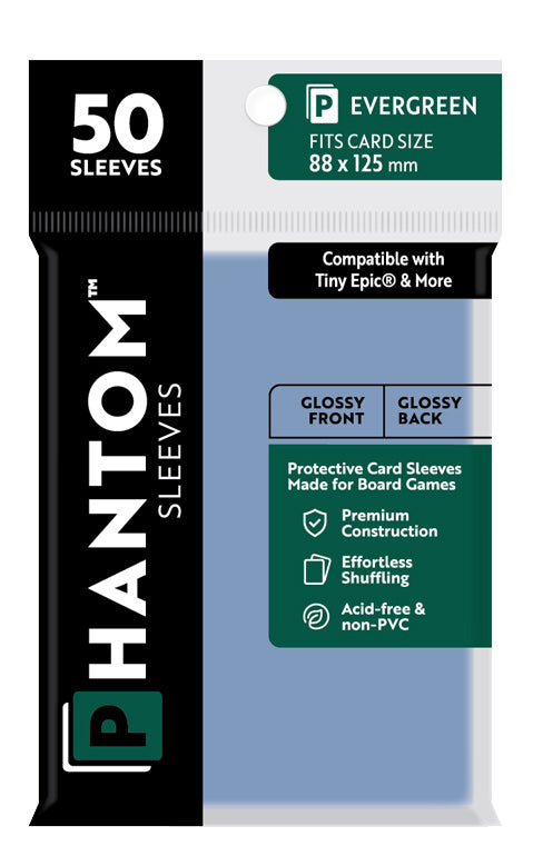 10 Packs Phantom Sleeves: "Evergreen Size" (88mm x 125mm) - Gloss Gloss (50) (Compatible with: Tiny Epic and More) Display Case