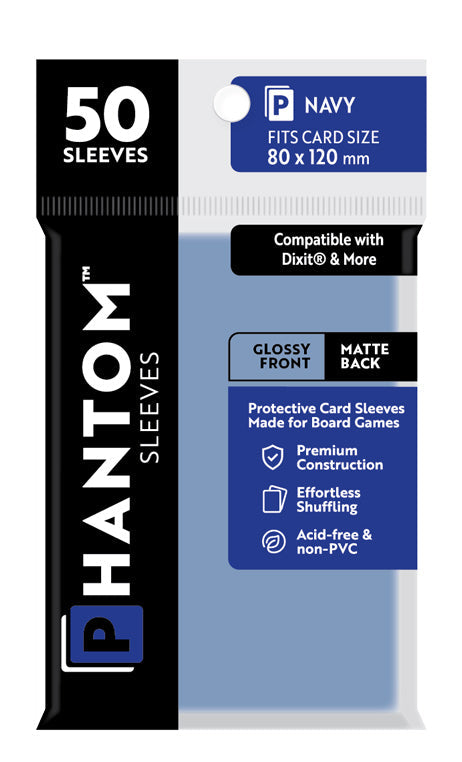 10 Packs Phantom Sleeves: "Navy Size" (80mm x 120mm) - Gloss Matte (50) (Compatible with: Dixit and More) Display Case