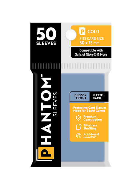 10 Packs Phantom Sleeves: "Gold Size" (50mm x 75mm) - Gloss Matte (50) (Compatible with: Sails of Glory and More) Display Case