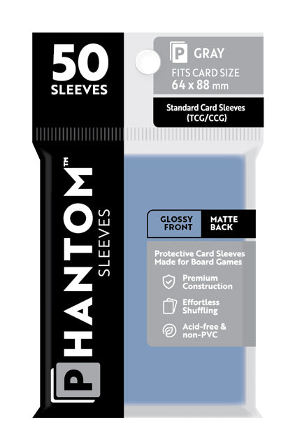 10 Packs Phantom Sleeves: "Gray Size" (64mm x 88mm) - Gloss Matte (50) (Compatible with: Standard Card Sleeves (CCGTCG)) Display Case