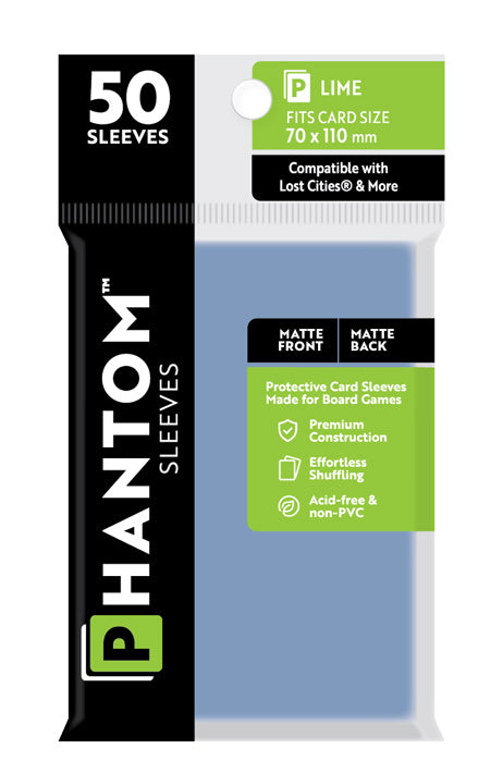 10 Packs Phantom Sleeves: "Lime Size" (70mm x 110mm) - Matte Matte (50) (Compatible with: Lost Cities and More) Display Case