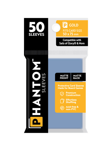10 Packs Phantom Sleeves: "Gold Size" (50mm x 75mm) - Matte Matte (50) (Compatible with: Sails of Glory and More) Display Case