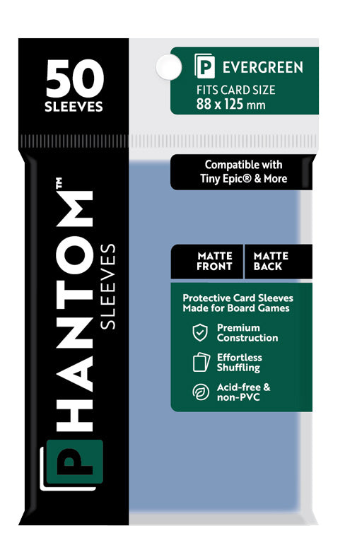10 Packs Phantom Sleeves: "Evergreen Size" (88mm x 125mm) - Matte Matte (50) (Compatible with: Tiny Epic and More) Display Case