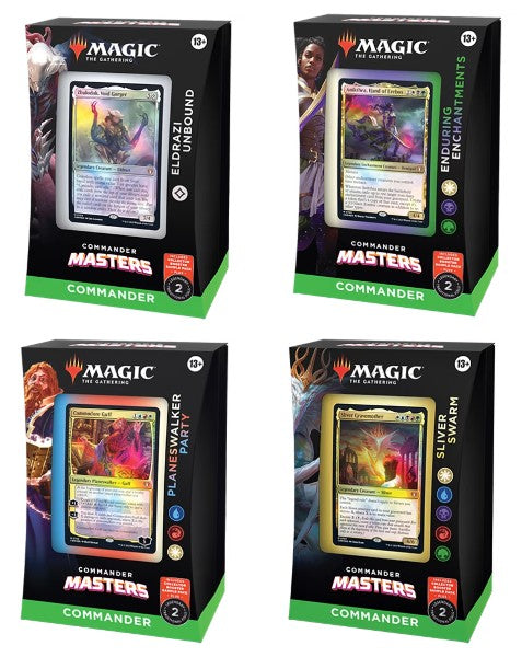 Magic: The Gathering - Commander Masters Commander Deck Display - All 4 Decks (1 Eldrazi Unbound, 1 Enduring Enchantments, 1 Planeswalker Party, and 1 Sliver Swarm)