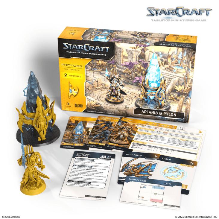 StarCraft: Tabletop Miniatures Game – Protoss Artanis & Pylon Hero Expansion Set – 2 Unpainted Plastic Miniatures, 80mm Base and 7 Game Cards – Archon Studio