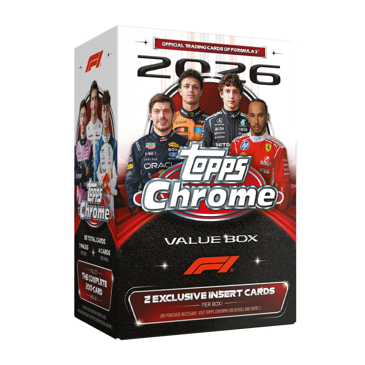 Topps 2026 Chrome Formula 1 Racing Trading Card Value Box – 7 Packs (4 Cards per Pack), 28 Cards Total with Exclusive B&W Raywave Refractor Parallels