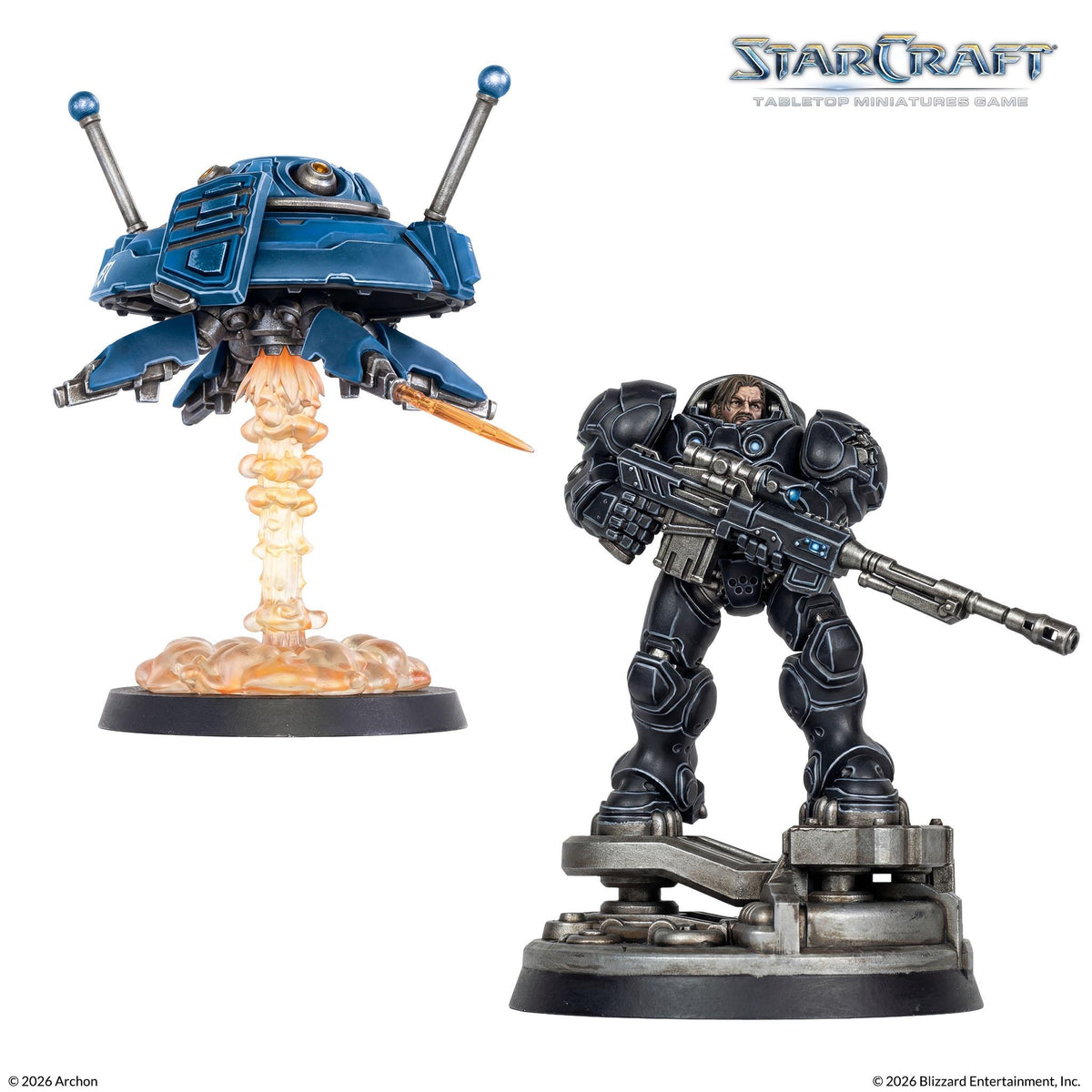 StarCraft: Tabletop Miniatures Game – Terran Jim Raynor & Point Defense Drone Hero Expansion Set – 2 Unpainted Plastic Miniatures, Cards and Base – Archon Studio
