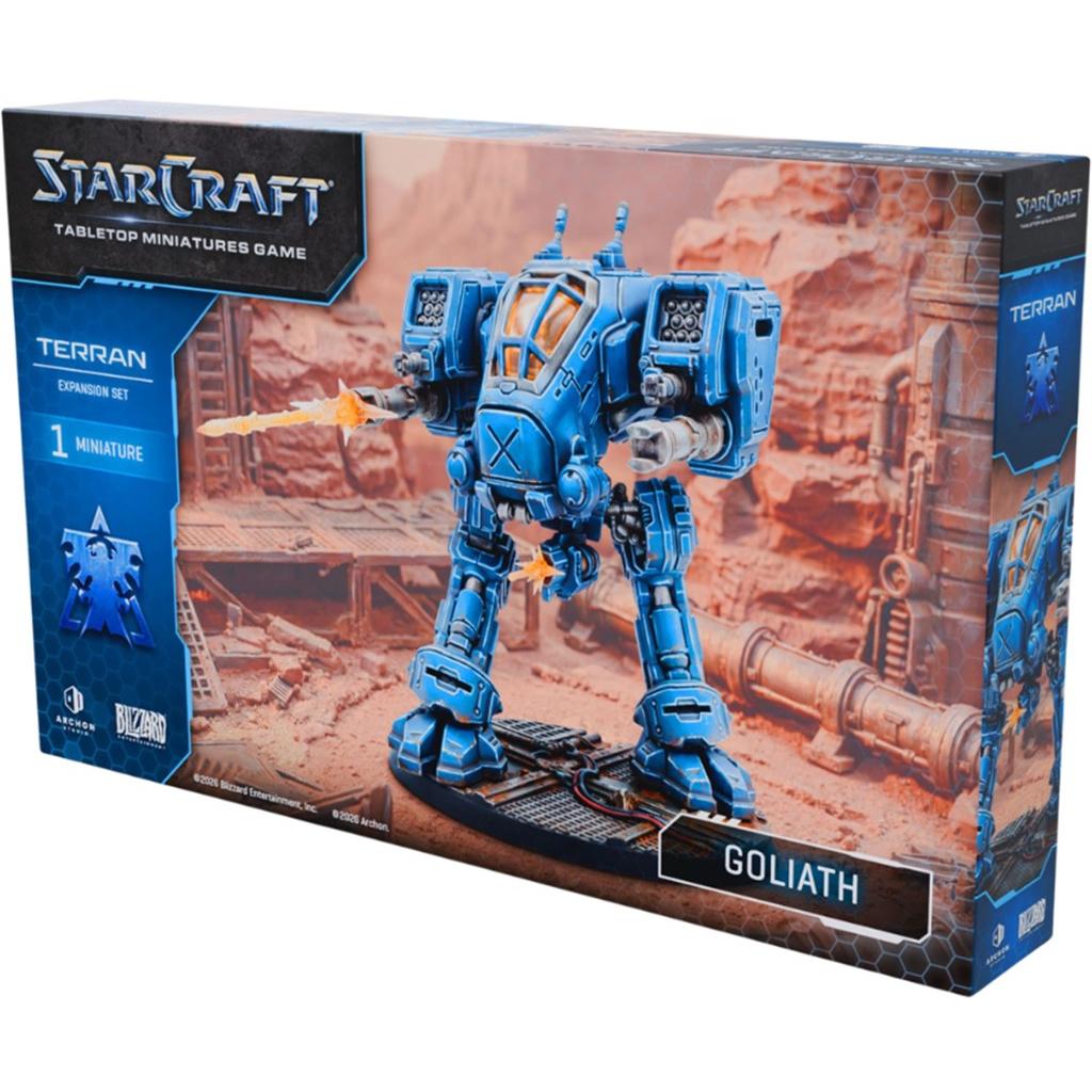 StarCraft: Tabletop Miniatures Game – Terran Goliath Expansion Set – 1 Unpainted Plastic Miniature, 80mm Base and 3 Game Cards – Archon Studio