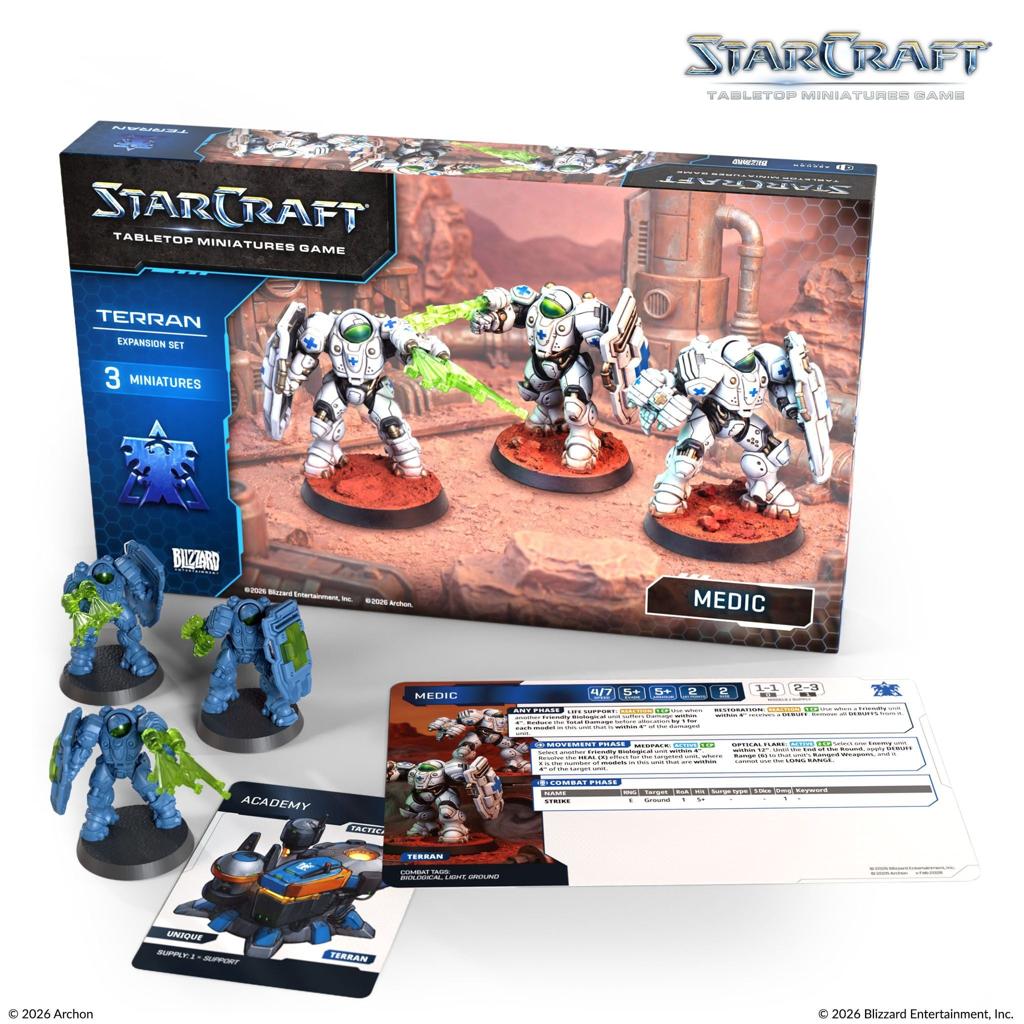 StarCraft: Tabletop Miniatures Game – Terran Medic Expansion Set – 3 Unpainted Plastic Miniatures with 32mm Bases and Cards – Archon Studio