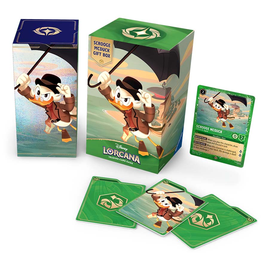 Ravensburger Disney Lorcana TCG: Scrooge McDuck Gift Box - Glimmer Foil Promo Card, 5 Assorted Booster Packs, Storage Box and Dividers - Trading Card Game & Disney Collectible - Ages 8+