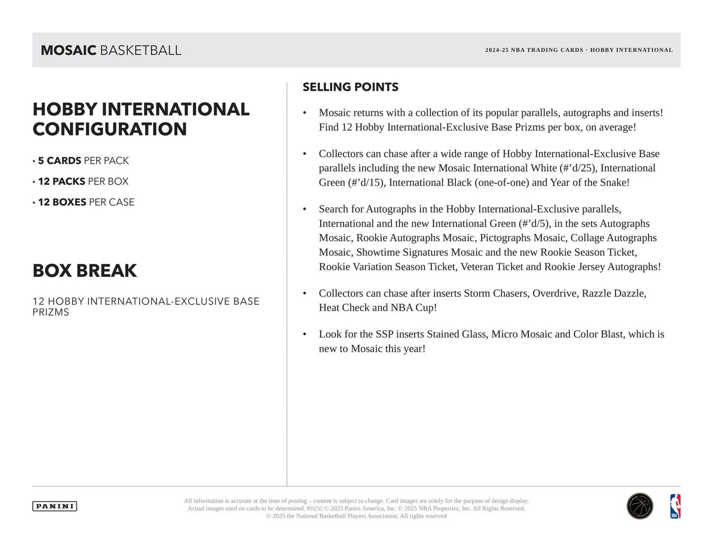 Panini 2024-25 Mosaic NBA Basketball International Hobby Box