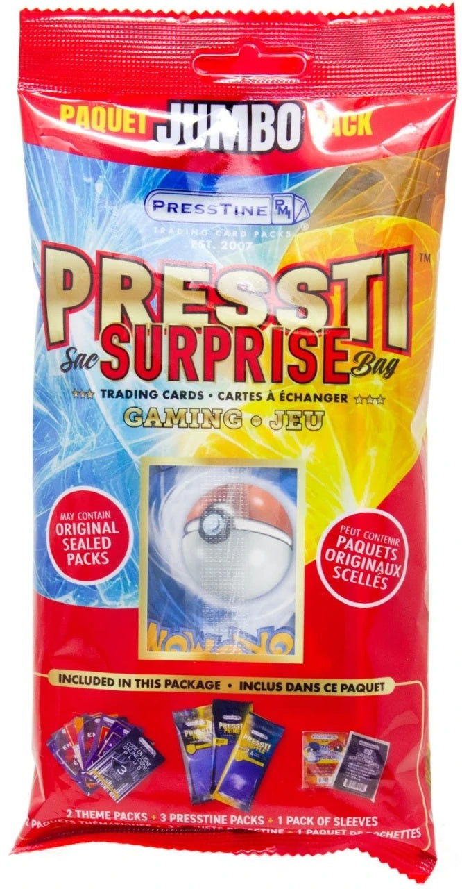 Presstine Pokémon Jumbo Surprise Bag – 2 Theme Packs, 3 Presstine Card Packs & Card Protector Sleeves