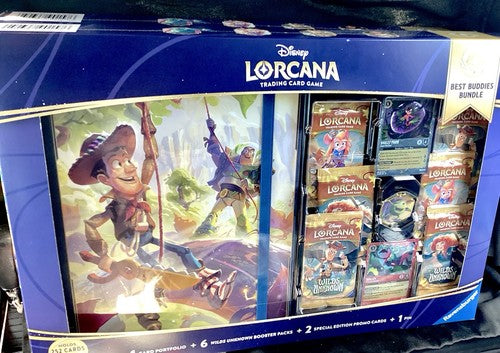 Disney Lorcana TCG: Wilds Unknown Best Buddies Bundle – 6 Booster Packs, Card Portfolio, 2 Foil Promo Cards & Mike Wazowski Pin